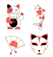 Japanese toys set. Cat waves hand, hand fan and fish in traditional asian style. Maneki neko and koi. Culture and traditions. Linear vector collection
