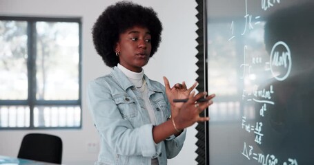 Math, smart board and black woman in classroom, teaching and explaining of rules for exam and education. Digital, talk and writing with tech, teacher and equations in university for degree in physics - Powered by Adobe