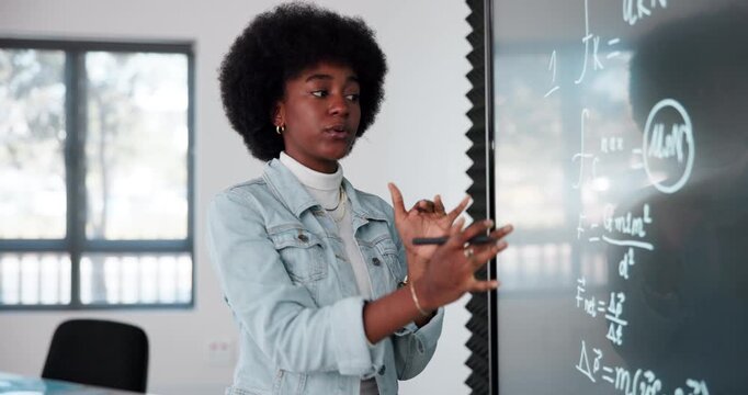 Math, smart board and black woman in classroom, teaching and explaining of rules for exam and education. Digital, talk and writing with tech, teacher and equations in university for degree in physics