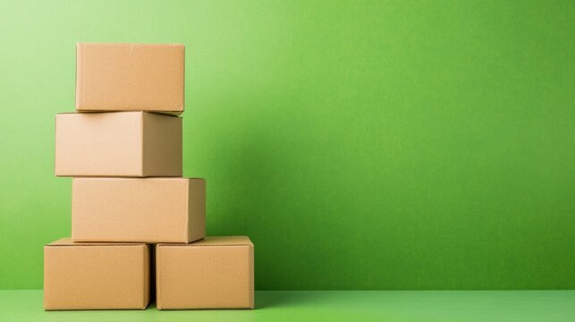 A collection of empty cardboard boxes is neatly stacked on a bright green surface