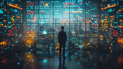 A man in a dark suit stands indoors, looking out at a futuristic cityscape filled with glowing data overlays and illuminated skyscrapers at night.