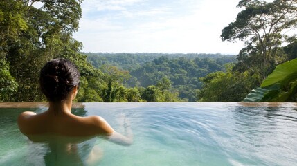 Fototapeta premium A person enjoys the serene infinity pool, taking in the vibrant rainforest view