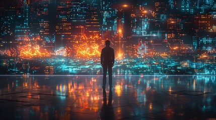 A man in a dark suit stands indoors, looking out at a futuristic cityscape filled with glowing data overlays and illuminated skyscrapers at night.