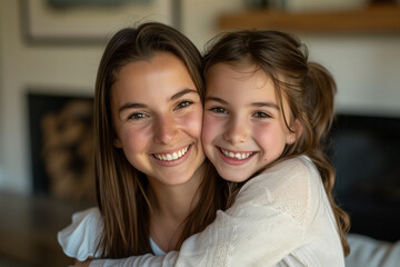 An interior portrait of a young mother with her young daughter smiling and hugging, mother-daughter connection.