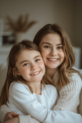 An interior portrait of a young mother with her young daughter smiling and hugging, mother-daughter connection.