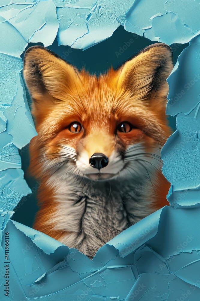 Sticker Red fox peeking through a blue torn paper.