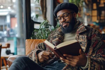 A bearded Black hipster sipping coffee with a book in hand in a cozy cafe