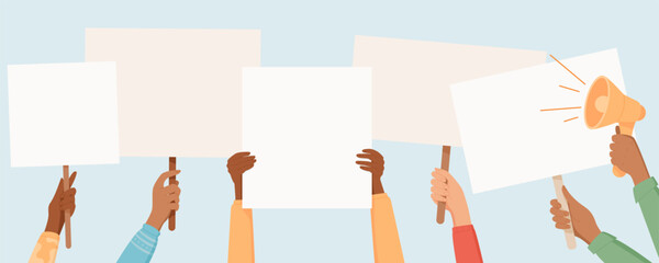 Multiple hands hold blank signs at a protest, showing solidarity. People grip template banners and placards with megaphones, displaying community strength and collective empowerment in their cause.