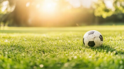 Obraz premium A soccer ball rests on lush green grass under sunlight, creating a serene outdoor atmosphere
