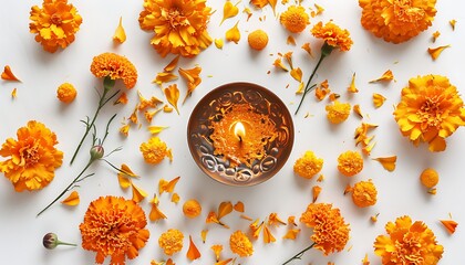 Burning candle with marigold flowers and petals on white background