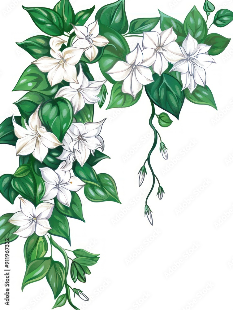 Sticker Delicate white flowers and lush green leaves.