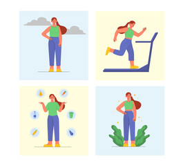 Fototapeta premium Woman lose weight. Young girl runs on treadmill and eats healthy food. Active lifestyle and sports. Fitness and workout, cardio training. Proper diet and nutrition. Flat vector illustration
