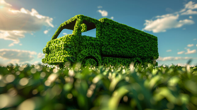 Eco friendly transportation concept. Green delivery truck on greenery background.