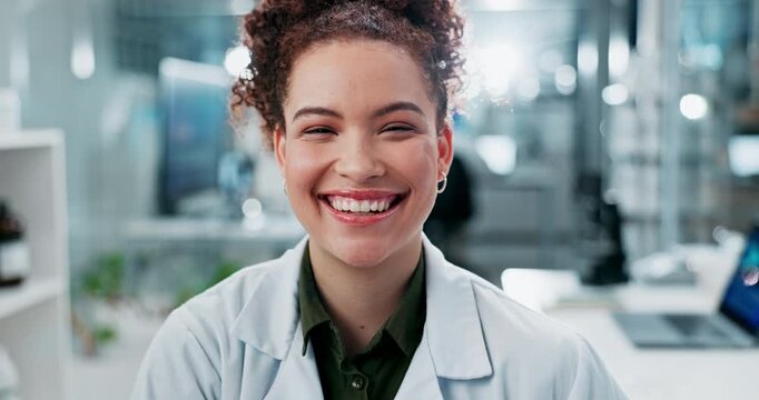 Face, woman and chemical engineer in laboratory as technician, student or scientist in medical research. Female person, portrait and smile for pathology, investigation and data capturing on computer