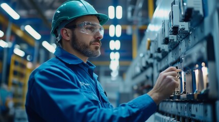 Close-up of a focused male electrician wearing a hard hat and safety goggles, adjusting wires on an industrial electrical panel.