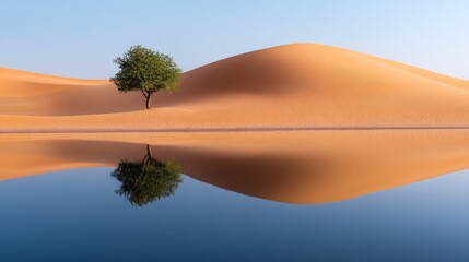 Single fruit-bearing tree, vibrant green leaves, desert oasis, clear blue water, sand dunes, peaceful atmosphere, sunset light