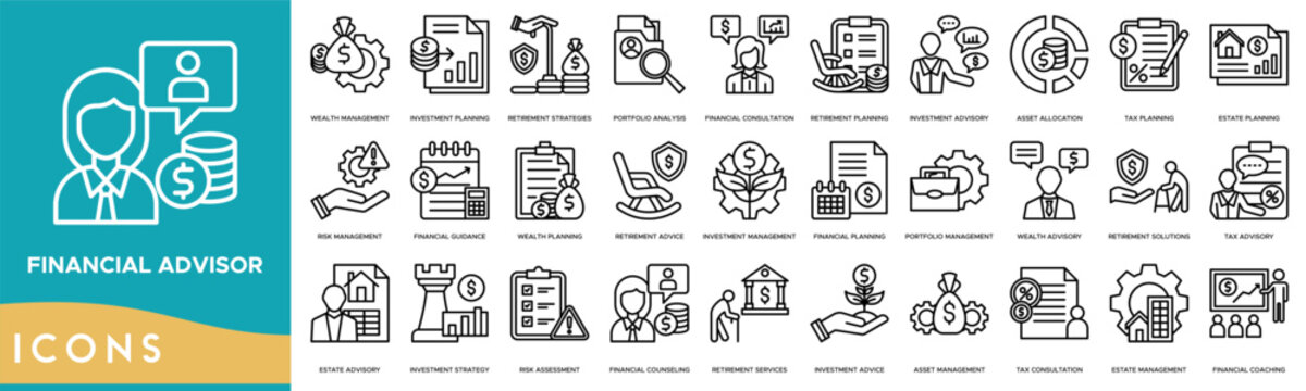 Financial Advisor icon. Wealth Management, Investment Planning, Retirement Strategies, Portfolio Analysis and Financial Consultation