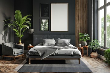 Modern minimalist bedroom with black wall, white ceiling, gray bed frame, gray armchair, and wooden table, featuring black poster frames above headboard