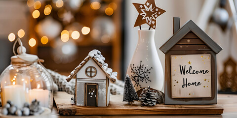 Fototapeta premium Cozy Christmas Home Decor with Welcome Sign, Festive Holiday Decoration with Miniature Houses