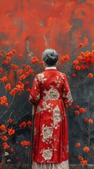 Fototapeta premium Woman in red floral dress standing before a red wall with flowers.