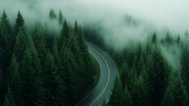 Curving road through dense evergreen forest shrouded in morning mist.