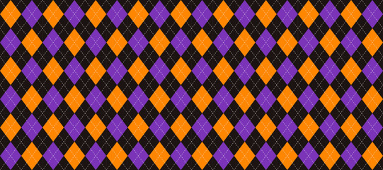 Orange, purple and black seamless argyle pattern. Halloween rhombus repeated texture background. Stitched diamond forms for textile design, fabric print, wrapping paper, clothes. Vector wallpaper