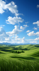 Obraz premium Digital technology blue sky white clouds green hills abstract poster background
