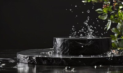 Black stone podium with water splash. Mock up for product, cosmetic presentation.