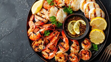 Grilled shrimp and scallops with lemon and mustard sauce.