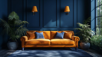 Obraz premium A vibrant orange velvet sofa in an elegant dark blue living room, complemented by two large potted plants and wall sconces with warm yellow lighting.
