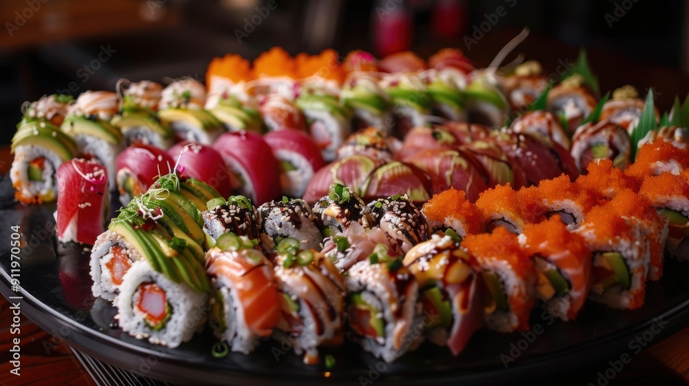 Canvas Prints Closeup of assorted sushi rolls with various toppings on a black plate.