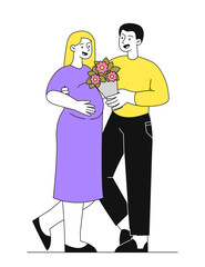 Man give flowers to woman. Young guy gives bouquet to pregnancy girl. Love and romance. Present and surprise. Bride and groom. Linear vector illustration