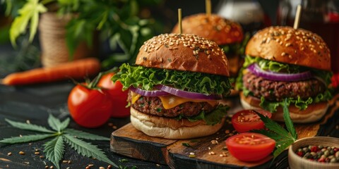 Fototapeta premium Vegan Burger with Medicinal Cannabis and Buckwheat Patty Potatoes Tomatoes Cheese Onions Carrots Lettuce and Sesame Seeds with Fresh Cannabis Bush Nearby