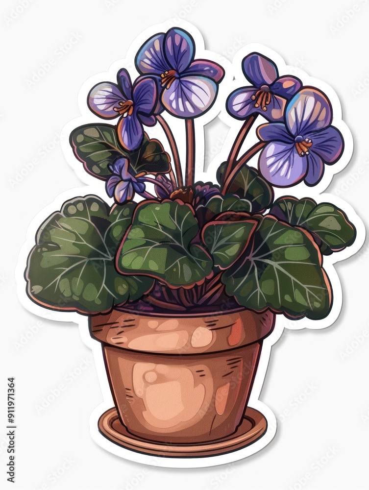 Sticker Cartoon illustration of a potted violet plant with purple flowers.