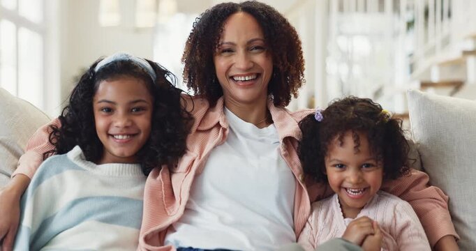 Mother, children and face for laughing in home, love and funny joke or comedy for bonding. Mom, daughter and girl for connection in embrace, portrait and kids for security in relationship or support