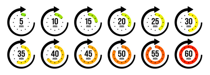 Stopwatch icons with pointer arrow. Colorful chronometer, time counter with dial. Countdown time, hours and minutes. Deadline, sport measurement. Cooking time label, sticker. Vector illustration