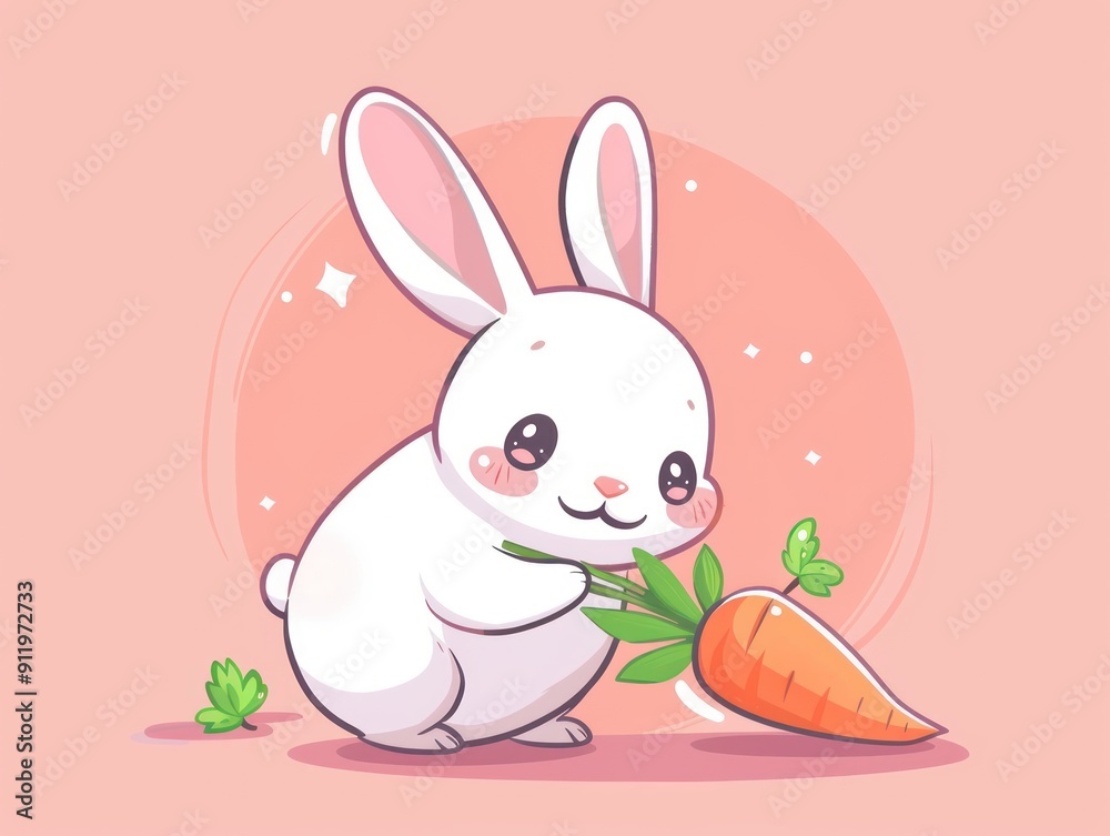 Wall mural cute cartoon bunny holding a carrot on a pink background.