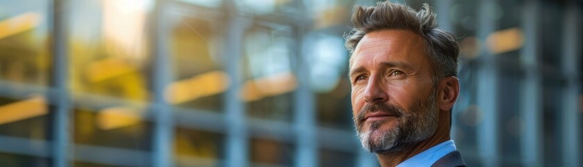 Confident Mature Businessman in Formal Attire Standing Outdoors with Modern Glass Building in Background