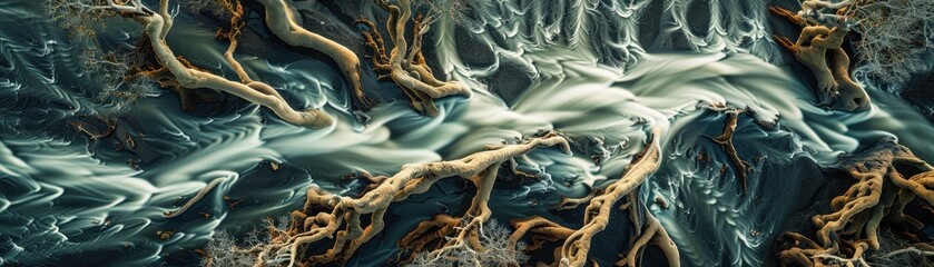 Fototapeta premium Aerial View of Abstract River Patterns and Tree Roots in a Serene Natural Landscape