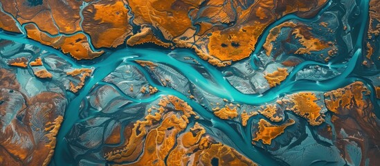 Aerial View of Vibrant River Delta with Turquoise Waters and Orange Landforms in a Stunning Natural Landscape