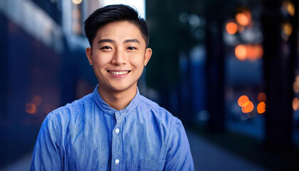 Naklejka premium Smiling Chinese man smiling at the camera outdoors.Portrait photo of a Chinese man smiling outside.