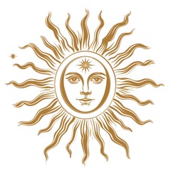 Golden sun with a human face and rays.