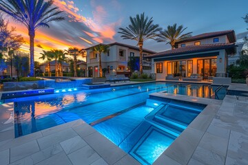 Fototapeta premium Luxurious outdoor pool with LED lights, raised conversation pit, water feature, and marble patio on lakefront property in Miami at sunset