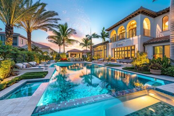 Luxurious outdoor pool with LED lights, raised conversation pit, water feature, and marble patio on lakefront property in Miami at sunset