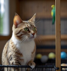 A domestic cat hunts a budgie in a cage. The relationship of pets, a cat and a parrot, danger, stress and friendship.