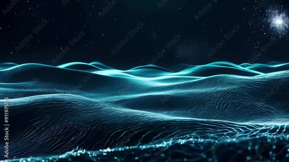Poster glowing waves undulate under a starry sky, creating an enchanting display of light and texture acros