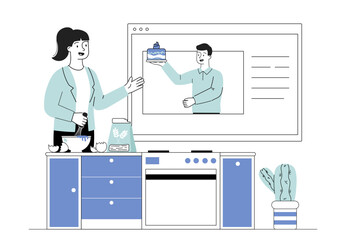 Woman with online recipe. Young girl prepares cake according to recipe from Internet. Guide and master class. Culinary remote lesson. Homemade bakery products. Linear vector illustration