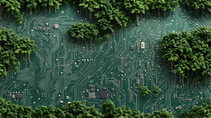 Naklejka premium Electronic circuit board with trees growing on the circuit board