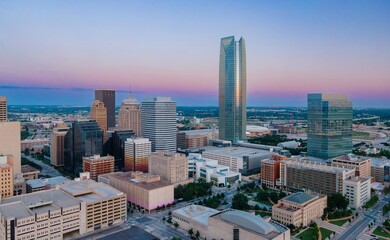 Downtown city skyline at sunset, Oklahoma City, Oklahoma, United States of America.