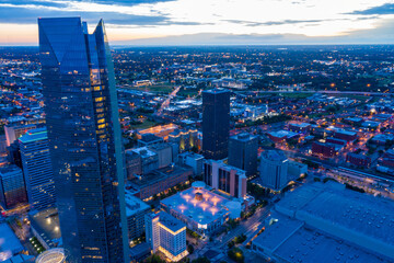 Downtown city skyline at night, Oklahoma City, Oklahoma, United States of America.